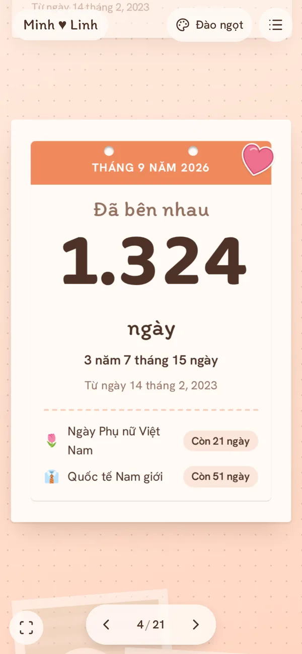 Trang Đếm ngày yêu trong sổ mẫu Diinn, chủ đề Đào ngọt