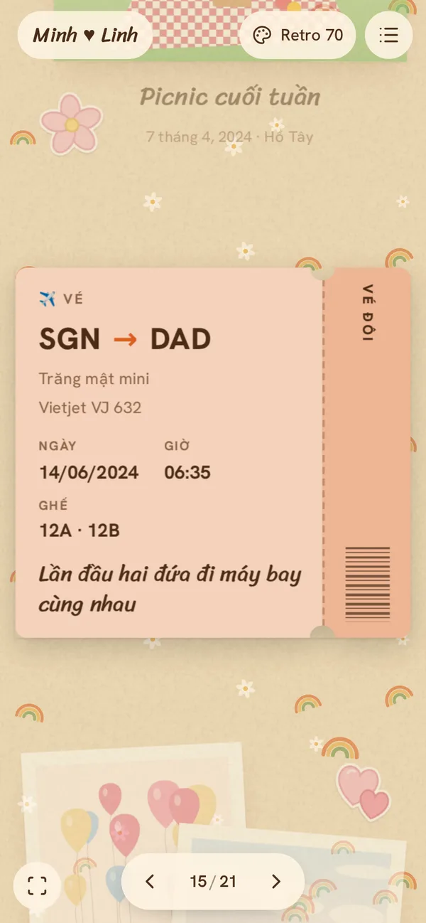 Trang Tấm vé trong sổ mẫu Diinn, chủ đề Retro 70