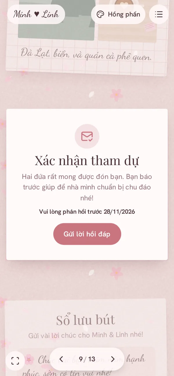 Xác nhận tham dự trong thiệp cưới mẫu Diinn