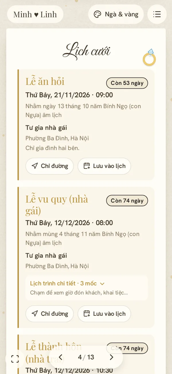 Lịch cưới trong thiệp cưới mẫu Diinn